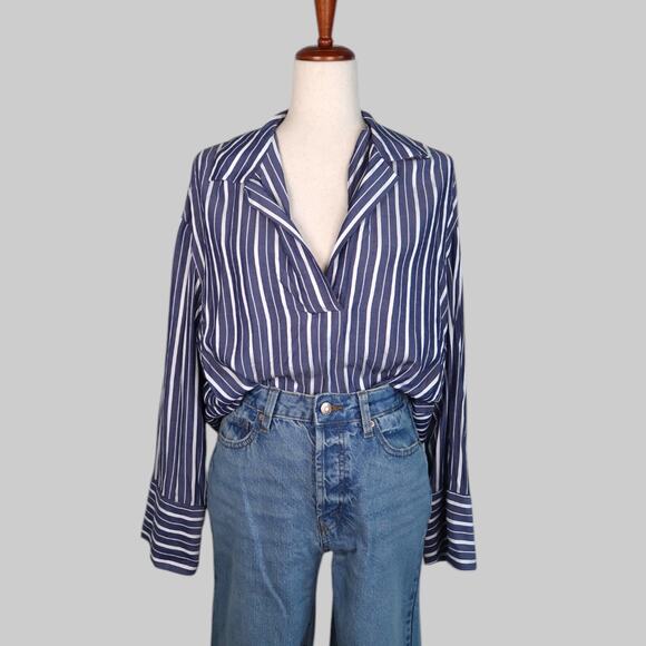 H&M Tops - H&M Blue and White Striped Oversized Deep V Collar Blouse Women’s Small